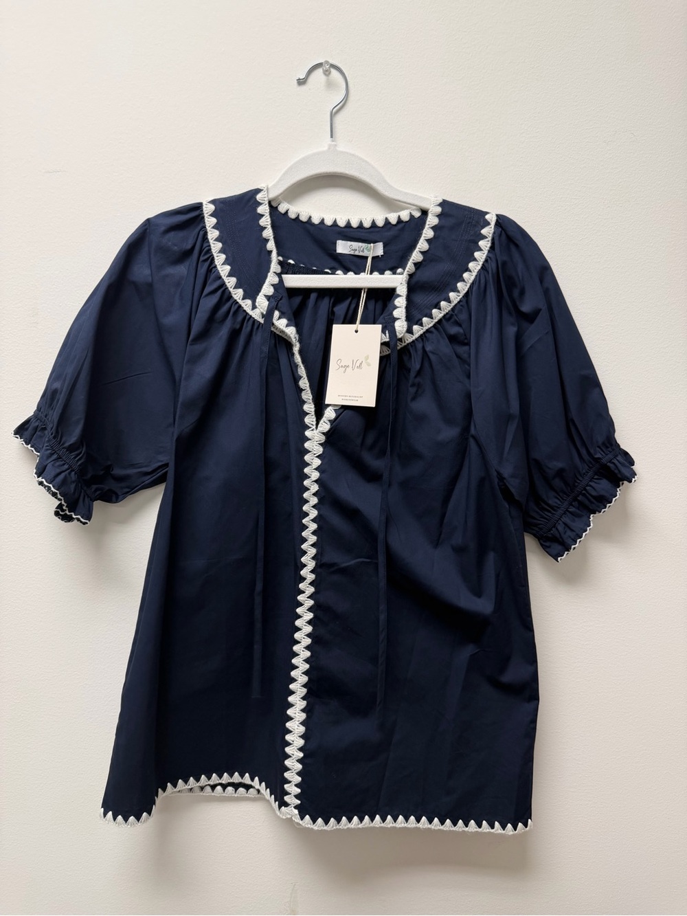 Sage Navy Short Sleeve Trimmed Peasant Top